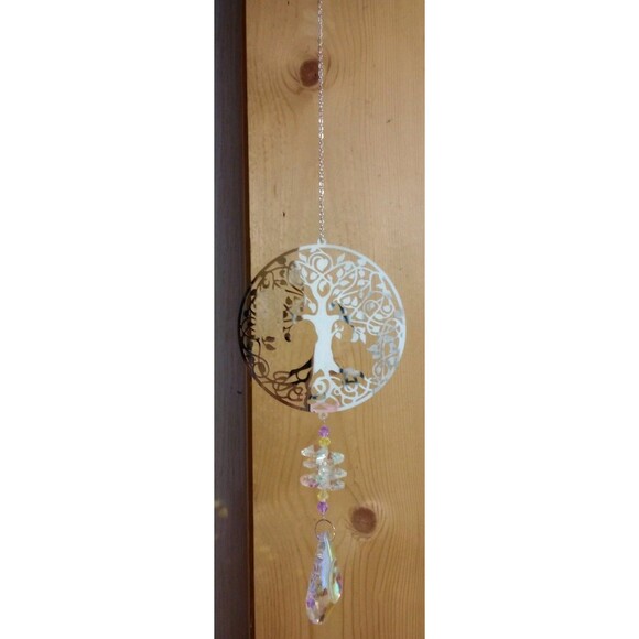 Silver Tree Of Life Iridescent Crystal Prism Sun Catcher Window Hanging 17" - Picture 3 of 4